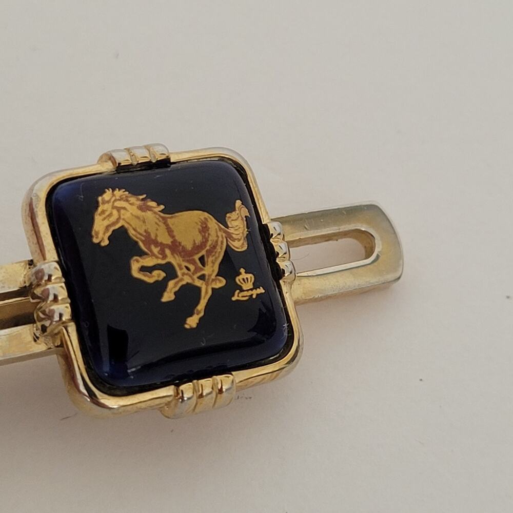 Limoges Castel France Gold Blue Tone Tie Clip Black Horse Design 2 Inch - Picture 3 of 8